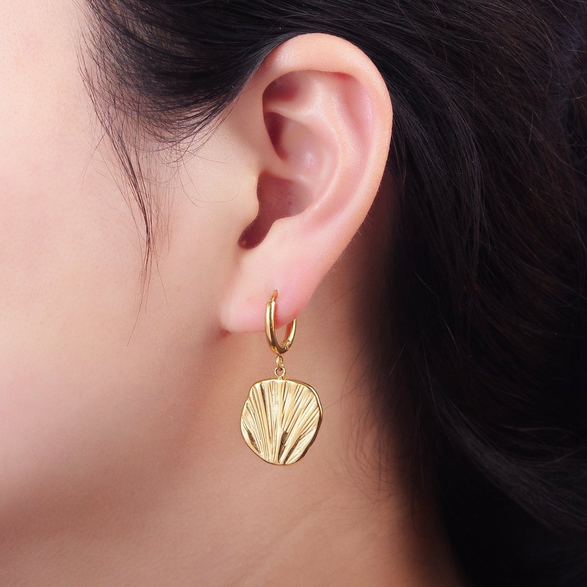 Stainless Steel Line-Textured Abstract Round Drop Huggie Earrings | AE458