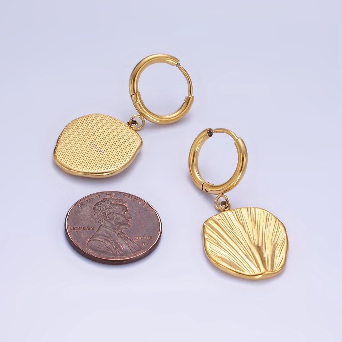 Stainless Steel Line-Textured Abstract Round Drop Huggie Earrings | AE458