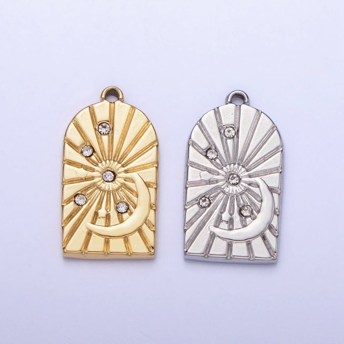 Stainless Steel Line-Textured Celestial Sun Beam Crescent Moon CZ Stars Charm in Gold & Silver | P-901