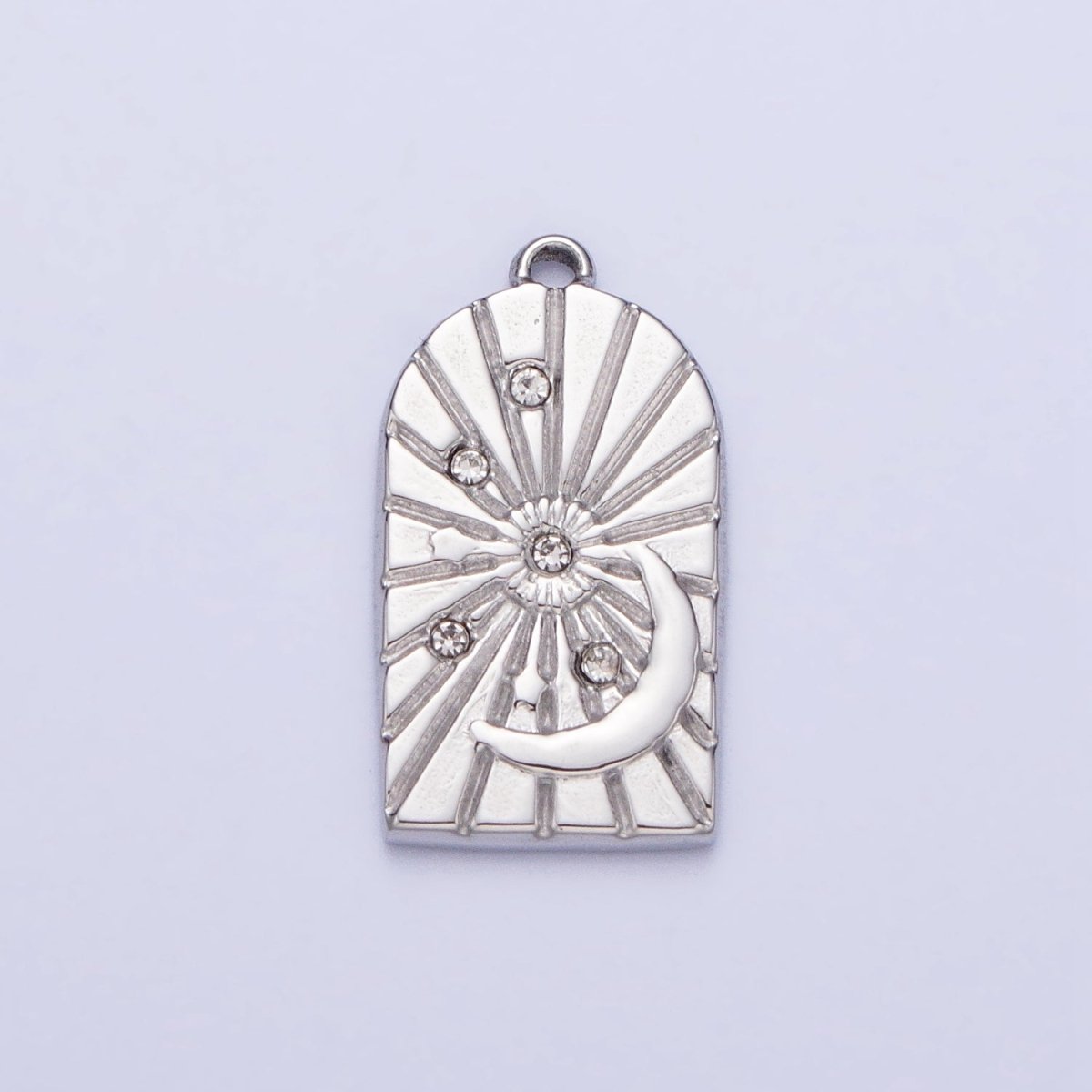 Stainless Steel Line-Textured Celestial Sun Beam Crescent Moon CZ Stars Charm in Gold & Silver | P-901