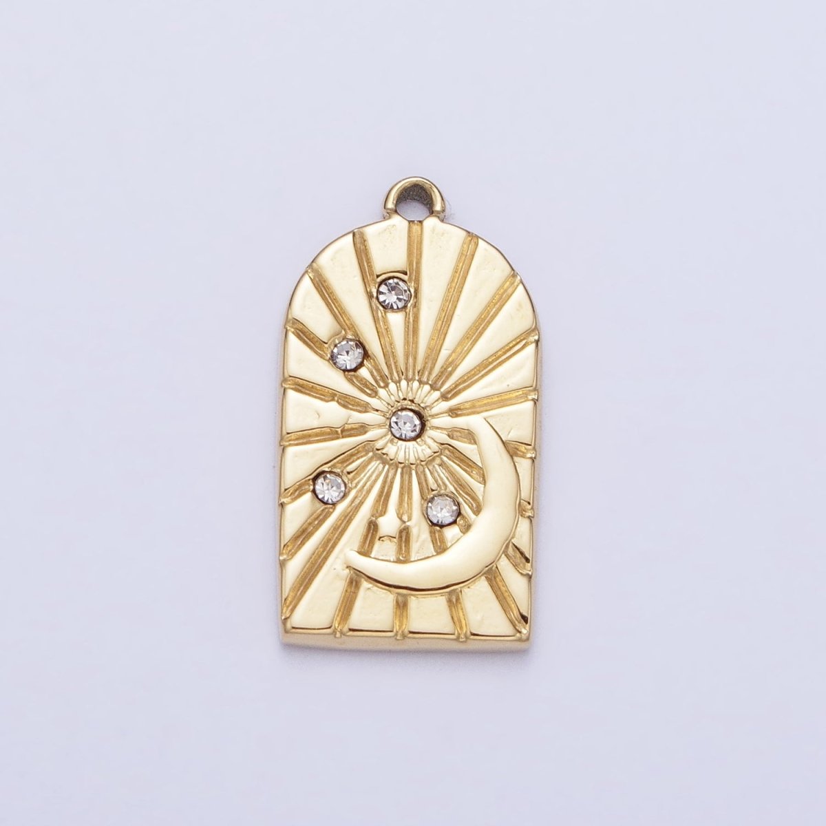 Stainless Steel Line-Textured Celestial Sun Beam Crescent Moon CZ Stars Charm in Gold & Silver | P-901