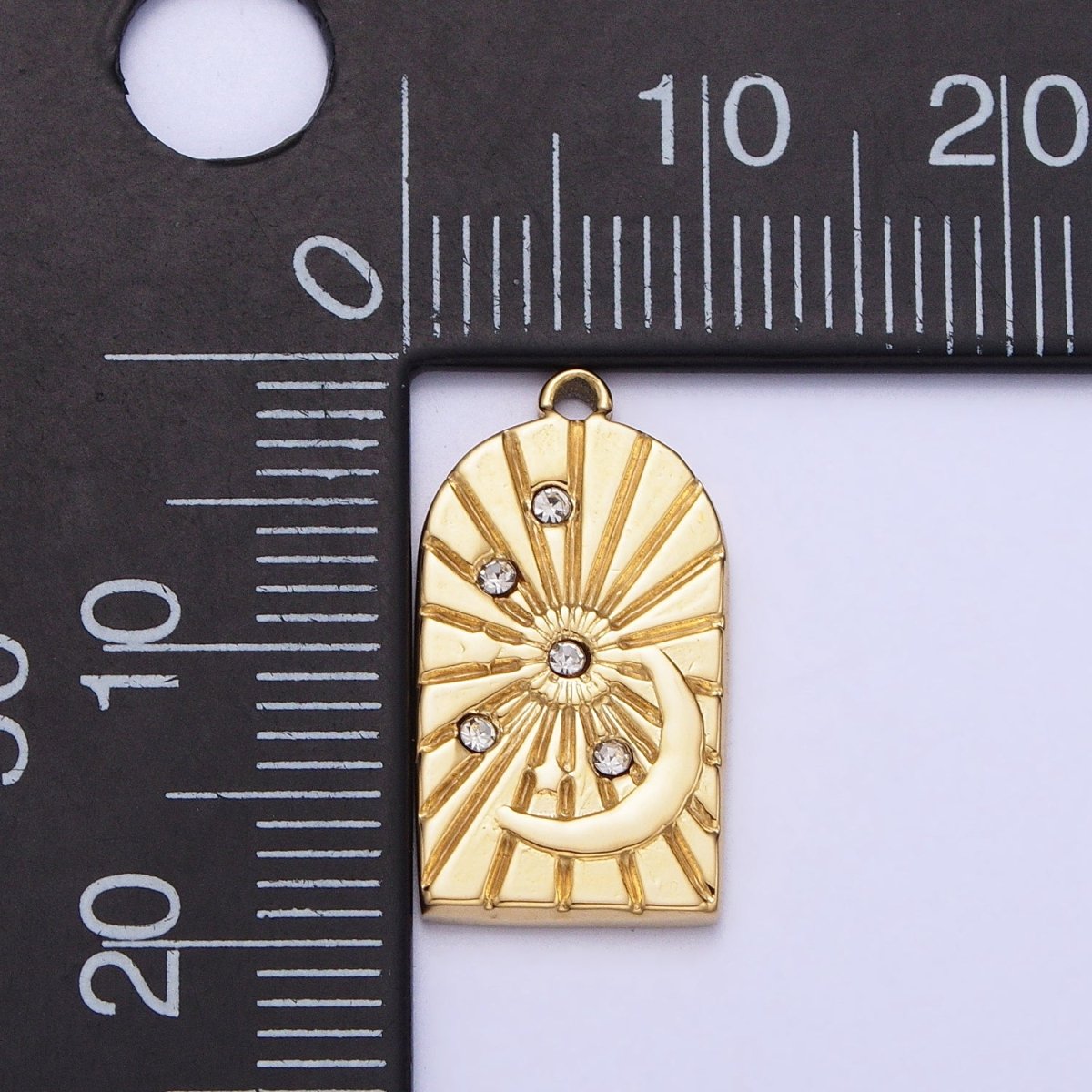 Stainless Steel Line-Textured Celestial Sun Beam Crescent Moon CZ Stars Charm in Gold & Silver | P-901