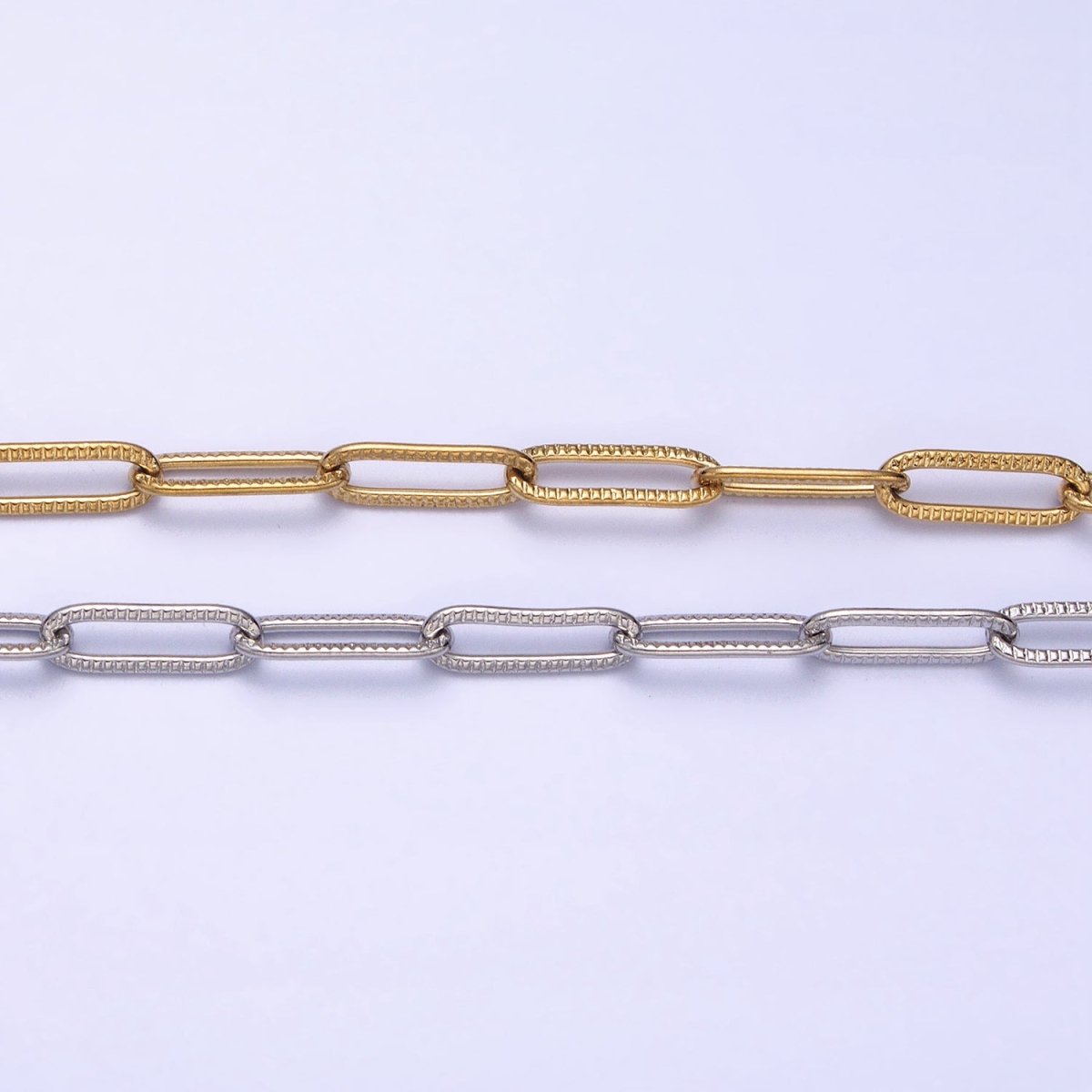 Stainless Steel Line-Textured PaperClip Unfinished 4mm Chain in Gold & SIlver | ROLL-1348 ROLL-1349 Clearance Pricing