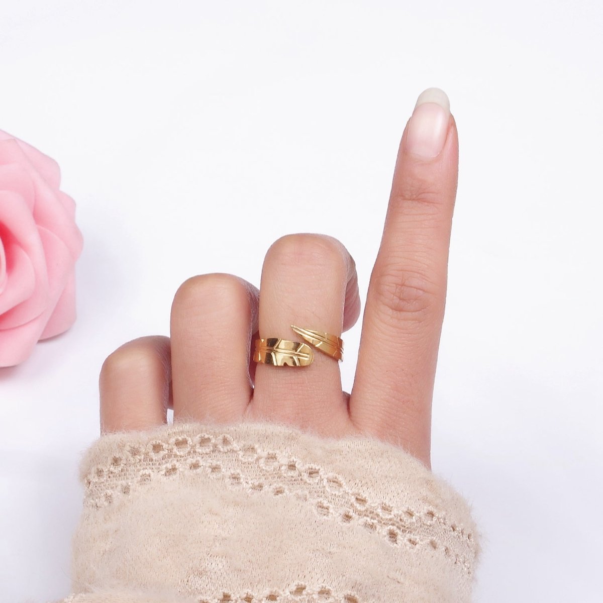 OS Stainless Steel Lined Leaf Nature Minimalist Wrap Ring | O1284