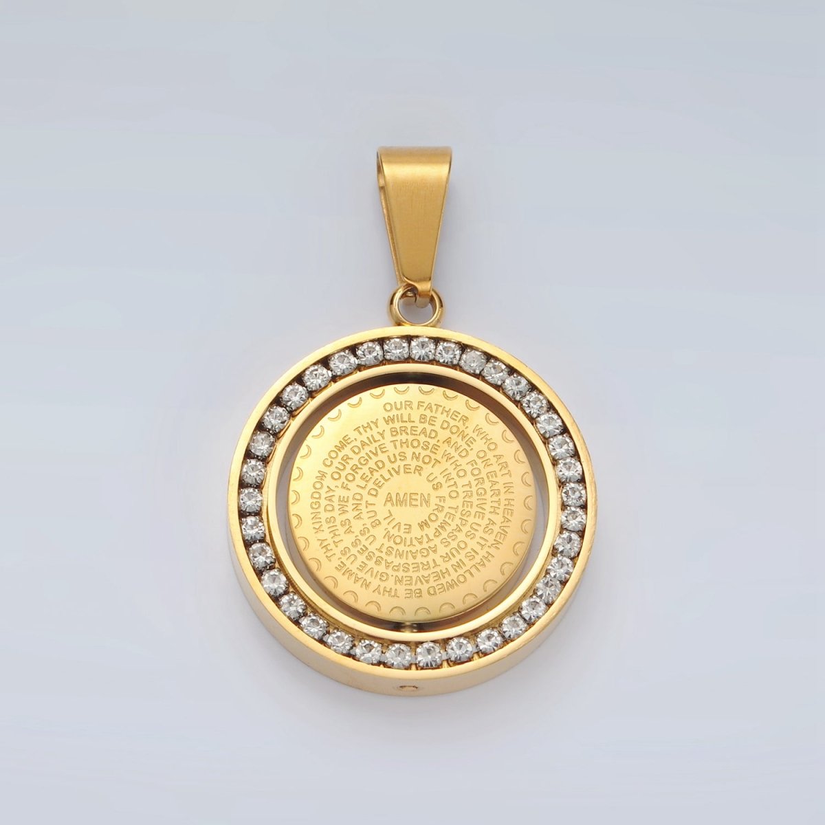 Stainless Steel "Lord's Prayer" Script Swivel Double Sided CZ Bezel Pendant in Gold & Silver | P1463