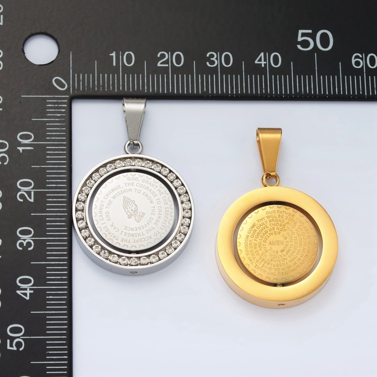 Stainless Steel "Lord's Prayer" Script Swivel Double Sided CZ Bezel Pendant in Gold & Silver | P1463