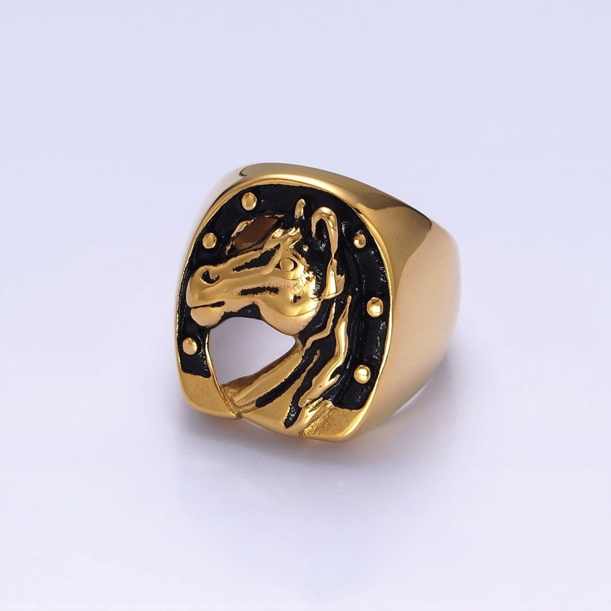 Stainless Steel Lucky Horse Shoe Animal Oval Signet Ring in Gold & Silver | O-1958 O-1959 O-1960 O-1961