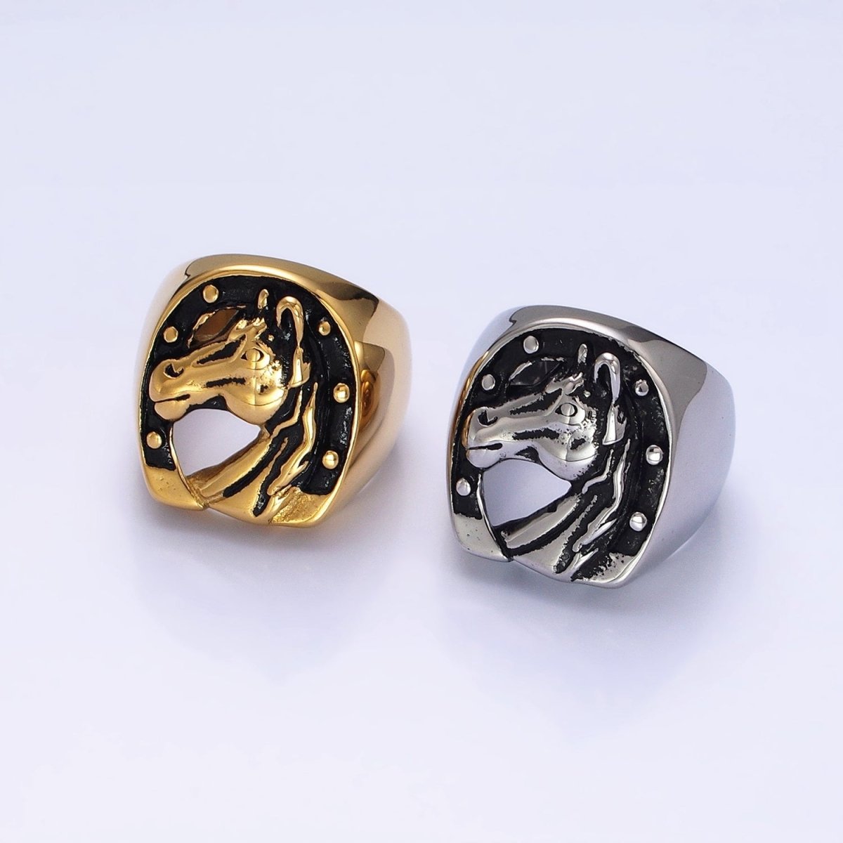 Stainless Steel Lucky Horse Shoe Animal Oval Signet Ring in Gold & Silver | O-1958 O-1959 O-1960 O-1961