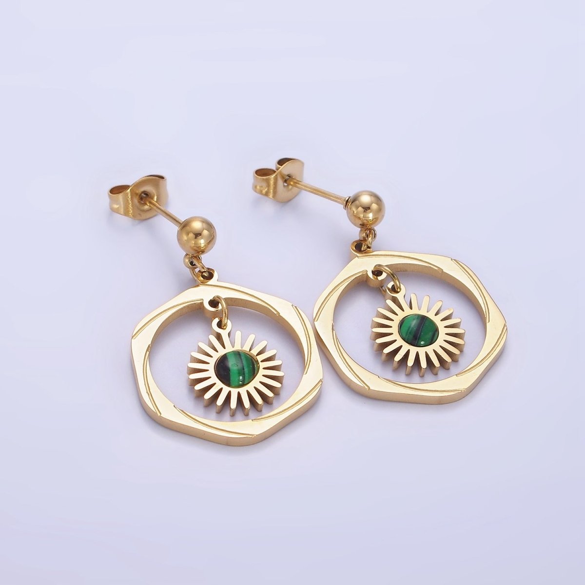 Stainless Steel Malachite, Turquoise Round Open Circular Lined Drop Stud Earrings | AE469 AE470