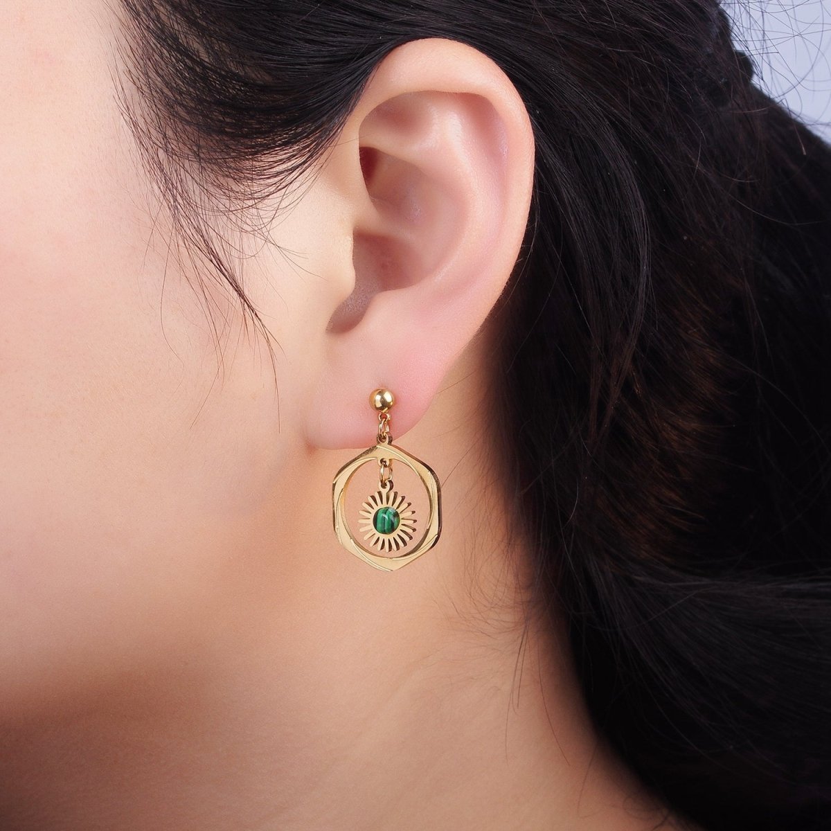 Stainless Steel Malachite, Turquoise Round Open Circular Lined Drop Stud Earrings | AE469 AE470