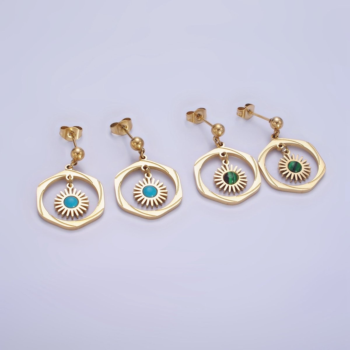 Stainless Steel Malachite, Turquoise Round Open Circular Lined Drop Stud Earrings | AE469 AE470
