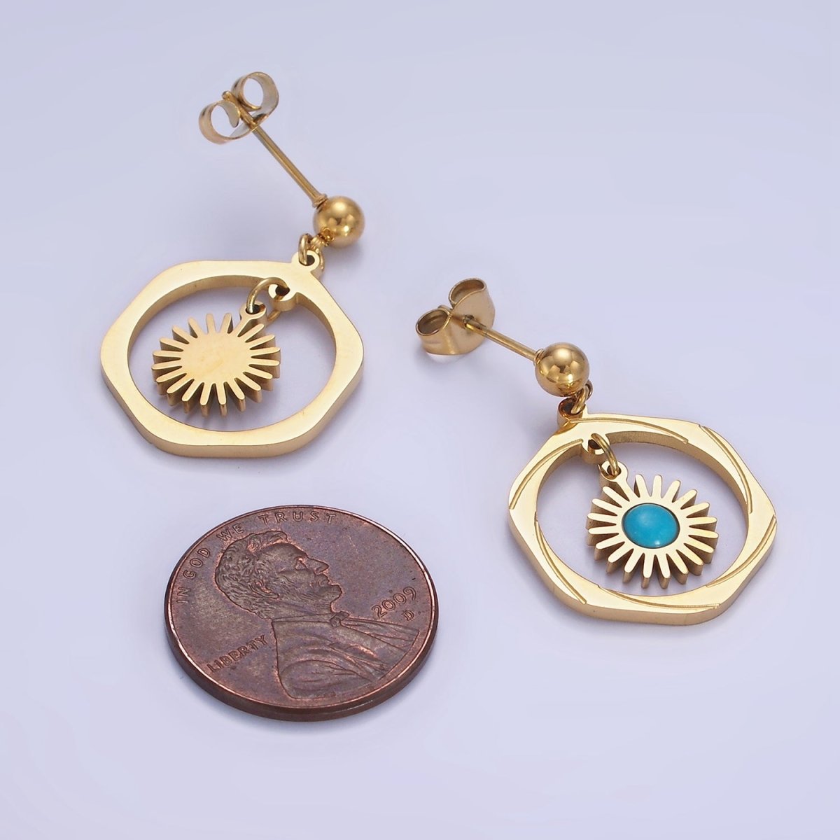 Stainless Steel Malachite, Turquoise Round Open Circular Lined Drop Stud Earrings | AE469 AE470