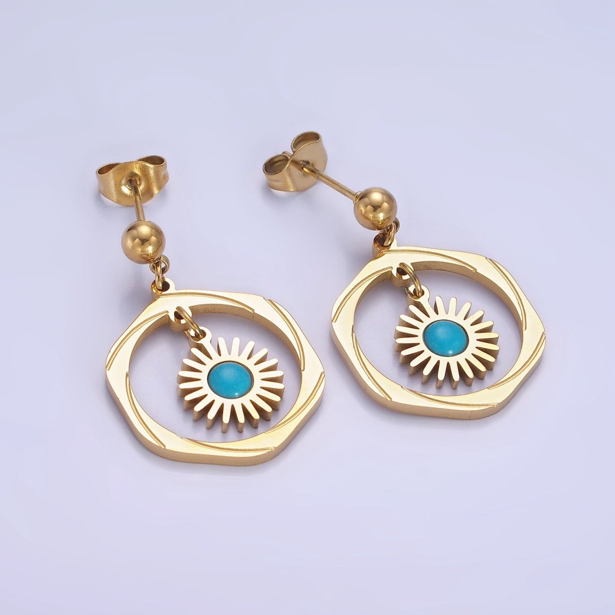Stainless Steel Malachite, Turquoise Round Open Circular Lined Drop Stud Earrings | AE469 AE470