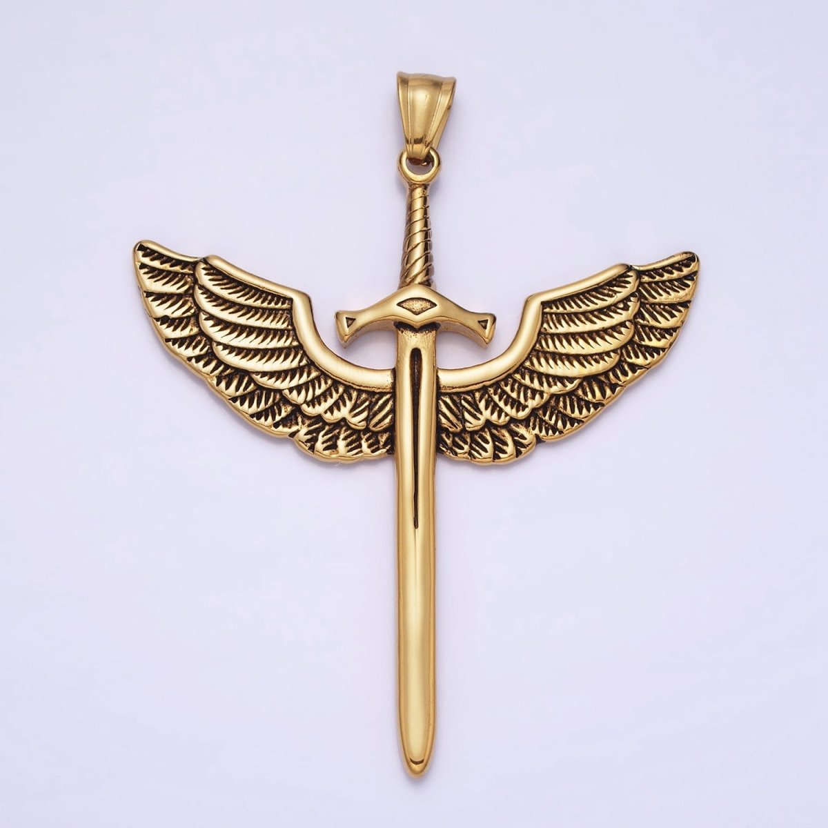 Stainless Steel Medieval Winged Sword Guardian Archangel Michael Pendant in Silver & Gold | P-1137