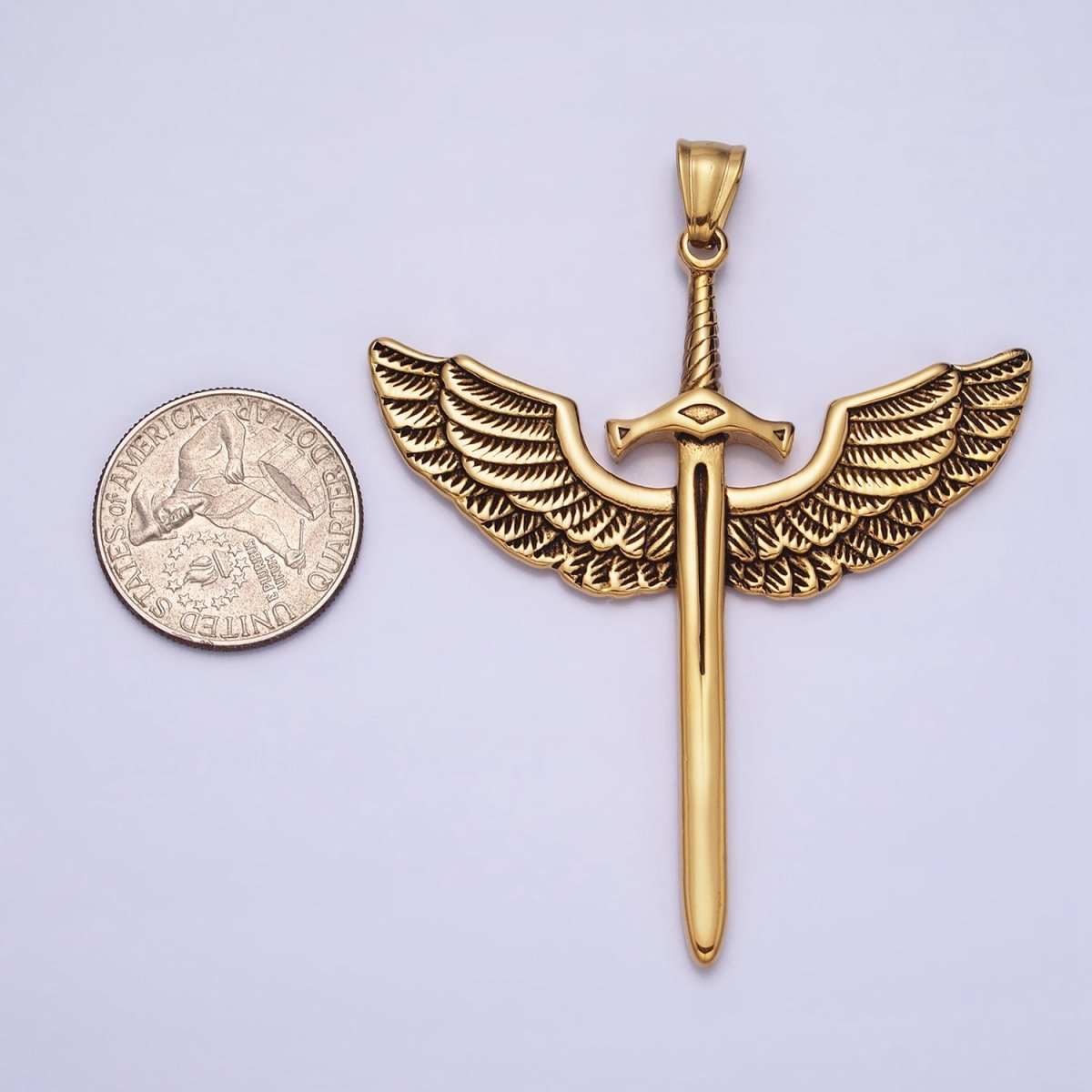 Stainless Steel Medieval Winged Sword Guardian Archangel Michael Pendant in Silver & Gold | P-1137