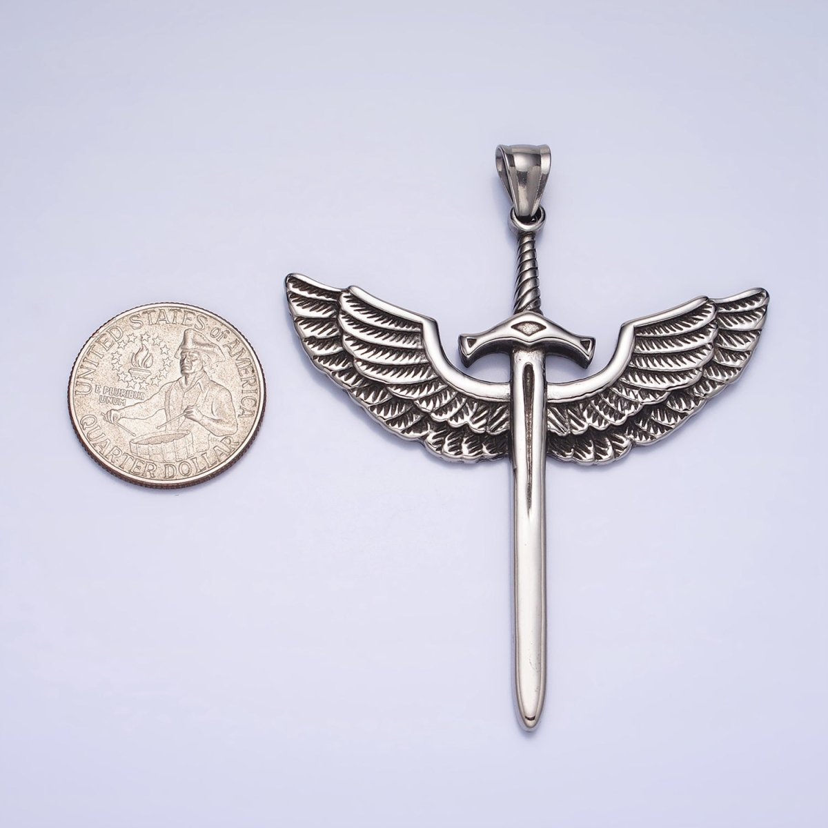 Stainless Steel Medieval Winged Sword Guardian Archangel Michael Pendant in Silver & Gold | P-1137