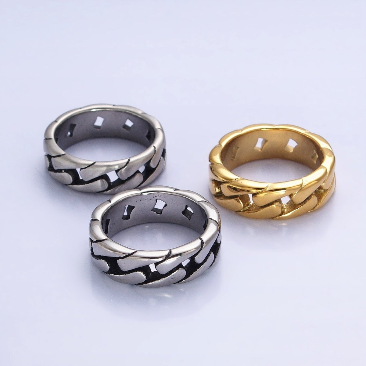 Stainless Steel Men's Flat Curb Chain Link Ring in Silver & Gold | O-1845 O-1846 O-1847 O-1848