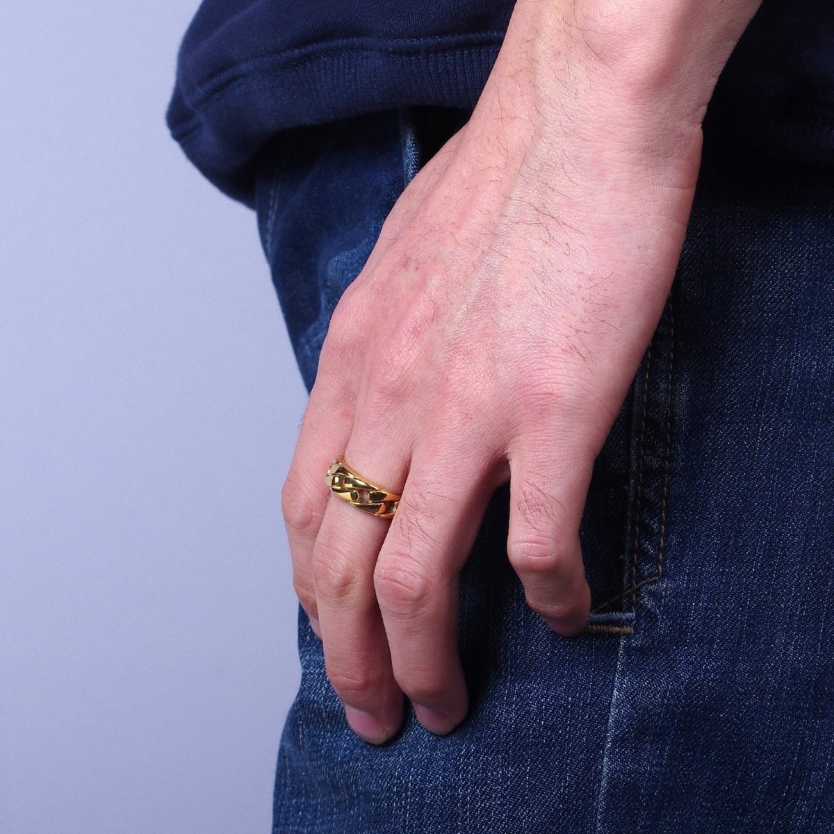 Stainless Steel Men's Flat Curb Chain Link Ring in Silver & Gold | O-1845 O-1846 O-1847 O-1848