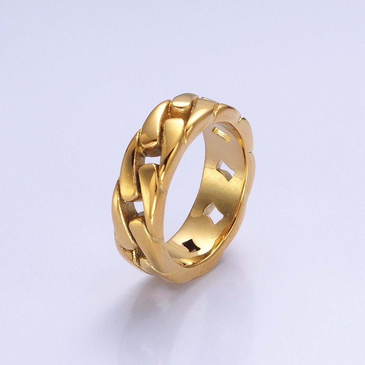 Stainless Steel Men's Flat Curb Chain Link Ring in Silver & Gold | O-1845 O-1846 O-1847 O-1848