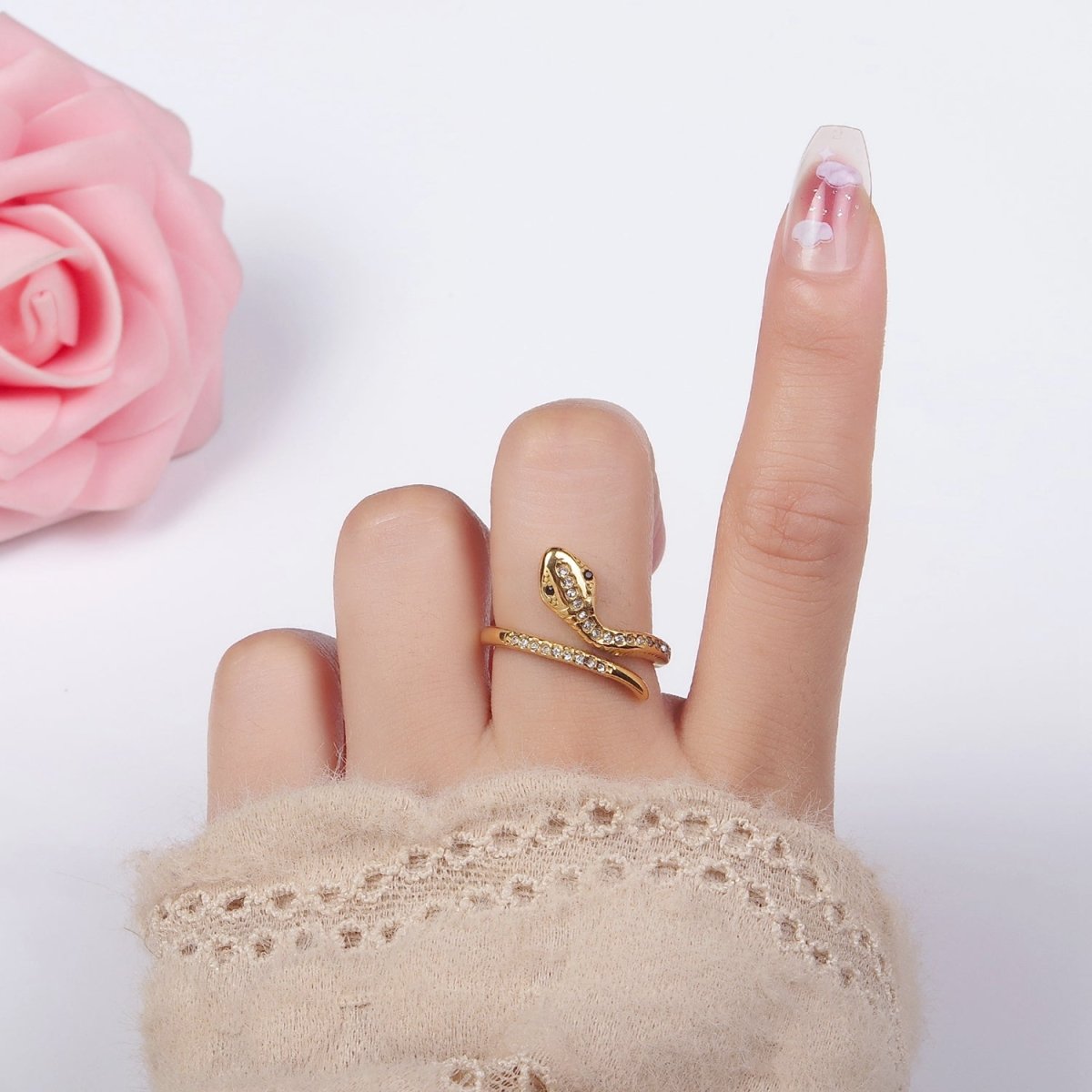 Stainless Steel Micro Paved CZ Serpent Snake Wrap Ring | U044 U045