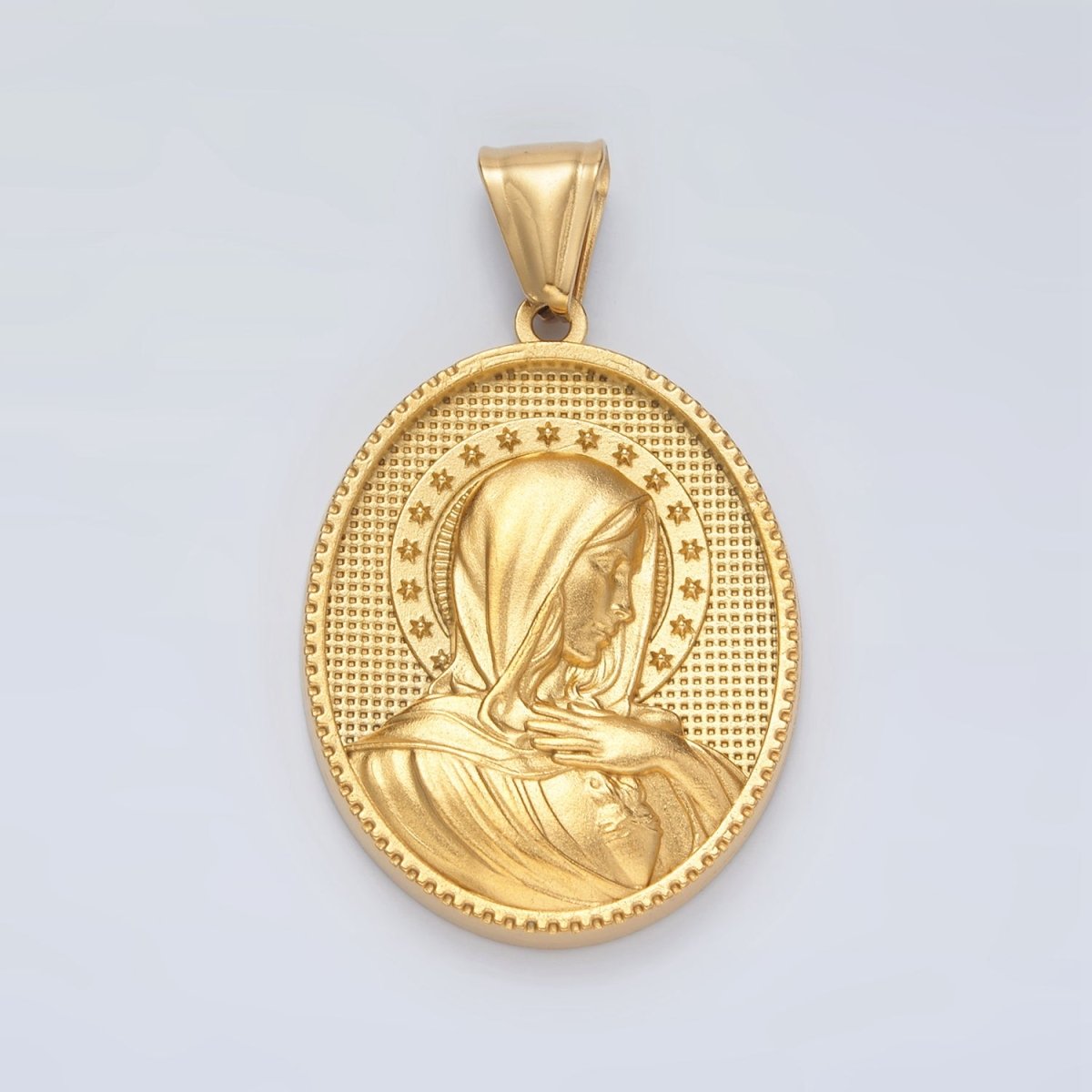 Stainless Steel Miraculous Lady Guadalupe Mary Stars Textured Oval Pendant | P1470 - DLUXCA