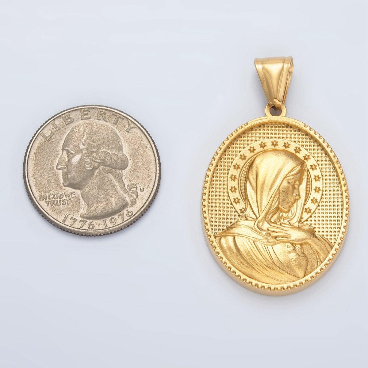 Stainless Steel Miraculous Lady Guadalupe Mary Stars Textured Oval Pendant | P1470 - DLUXCA