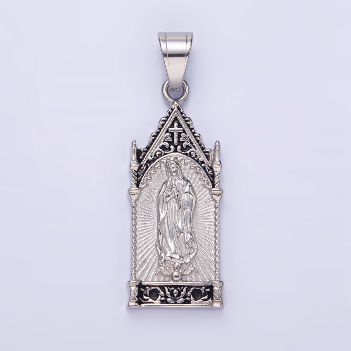 Stainless Steel Miraculous Mary Sunburst Religious Pendant in Gold & Oxidized Silver | P1459