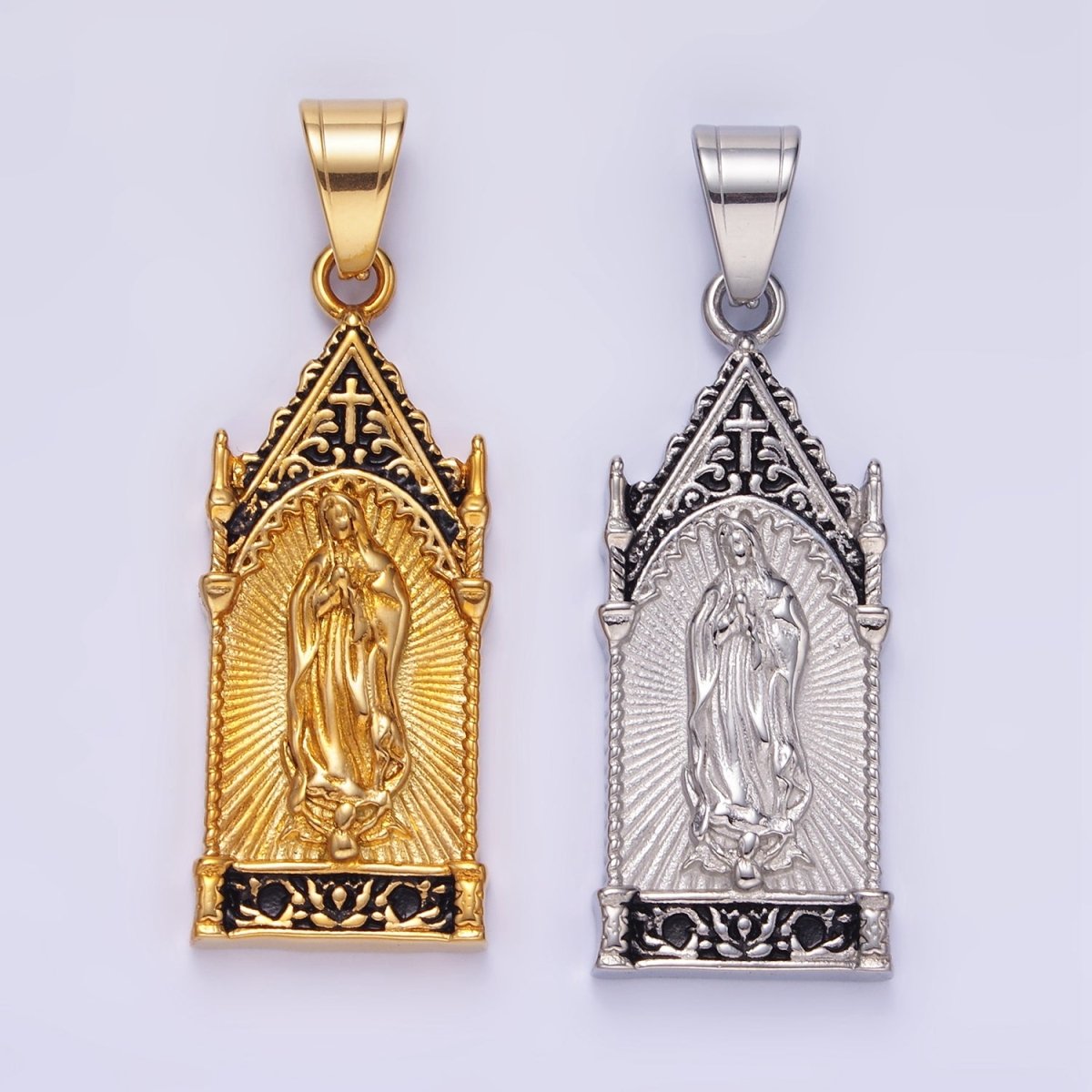 Stainless Steel Miraculous Mary Sunburst Religious Pendant in Gold & Oxidized Silver | P1459