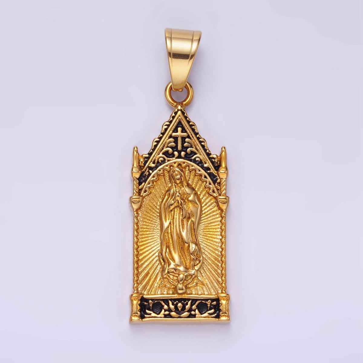 Stainless Steel Miraculous Mary Sunburst Religious Pendant in Gold & Oxidized Silver | P1459