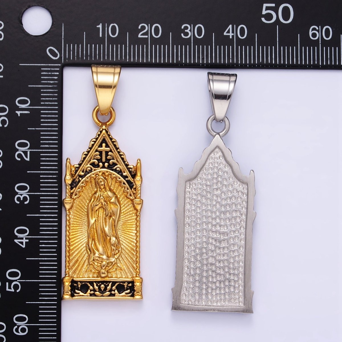 Stainless Steel Miraculous Mary Sunburst Religious Pendant in Gold & Oxidized Silver | P1459