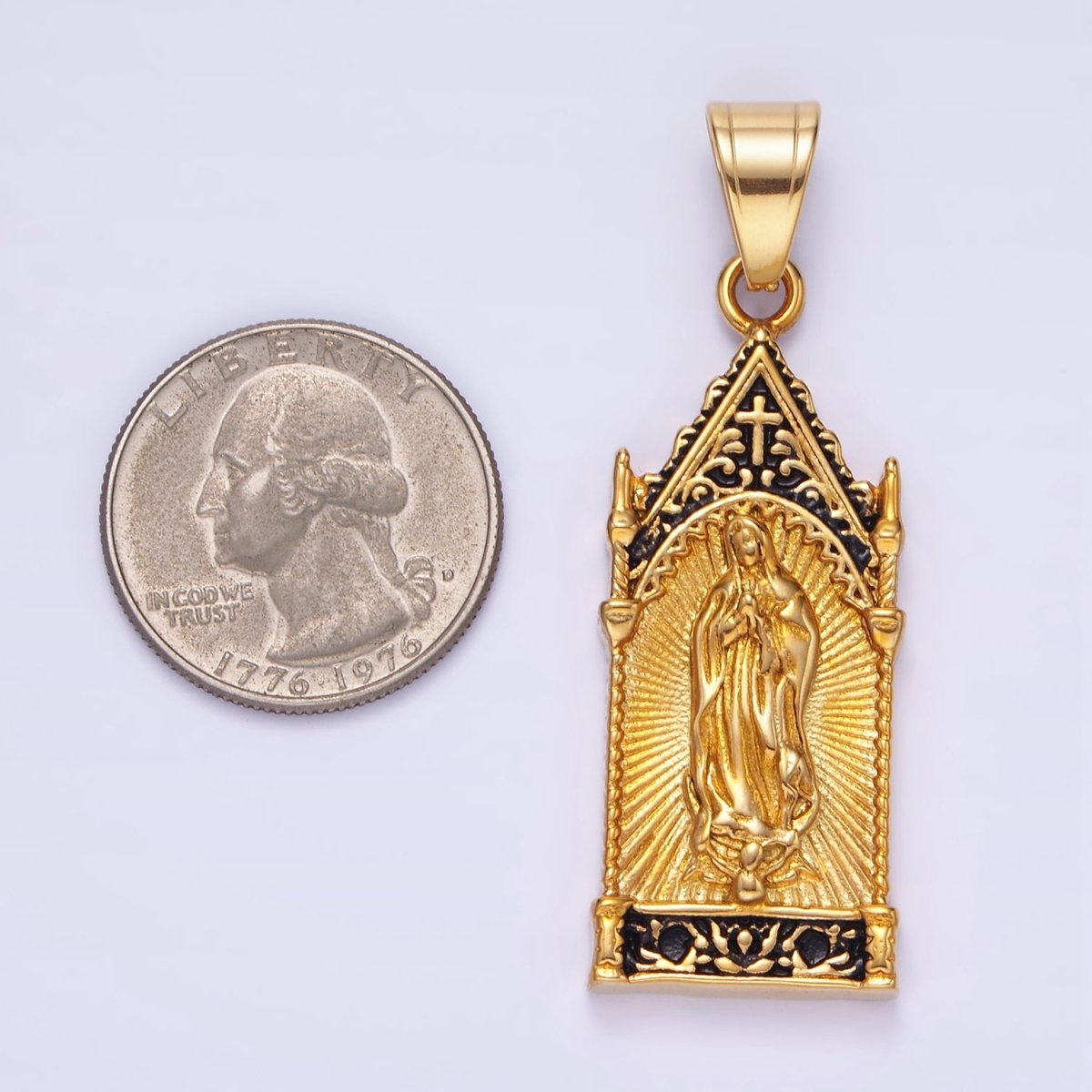 Stainless Steel Miraculous Mary Sunburst Religious Pendant in Gold & Oxidized Silver | P1459