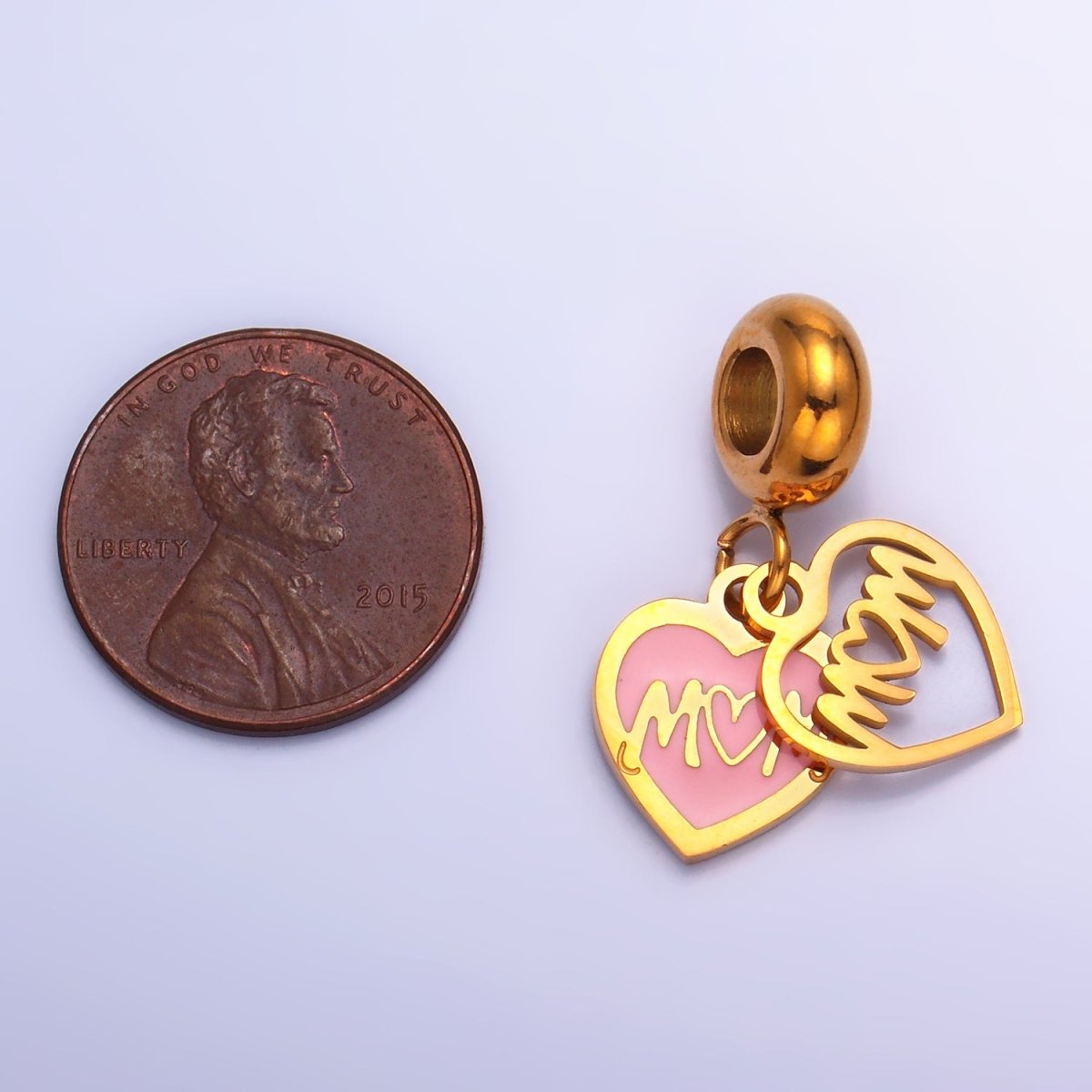 Stainless Steel "MOM" Script Double Enamel Rhondelle Drop Pendant | P752 - DLUXCA