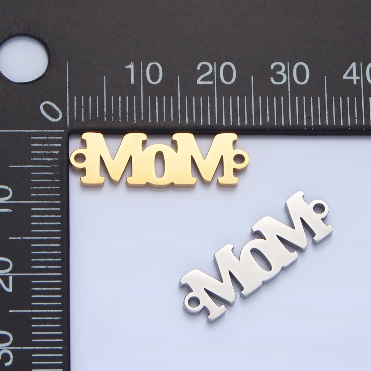 Stainless Steel "MOM" Script Minimalist Connector in Gold & Silver | F261