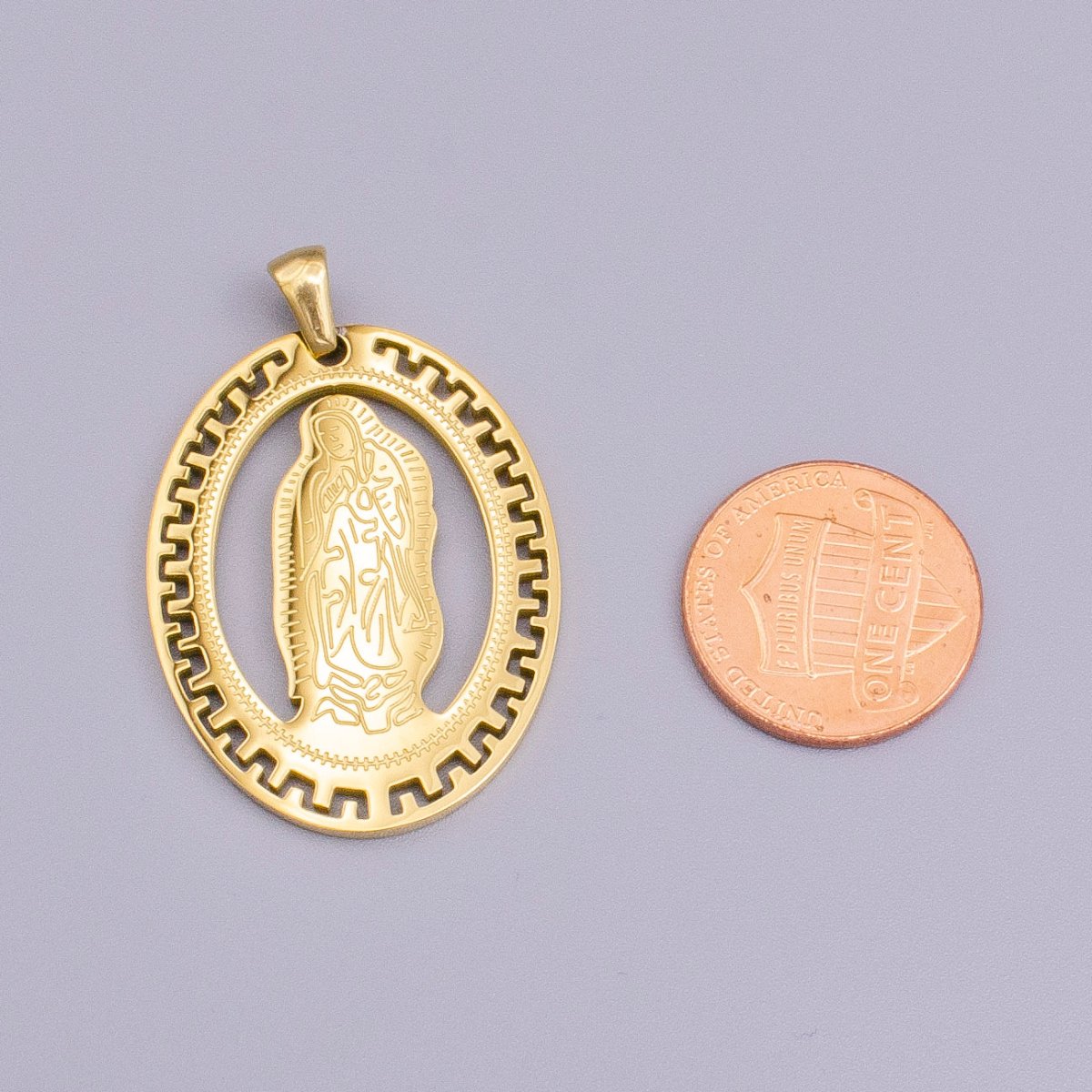 Stainless Steel Mother Mary Lady Guadalupe Engraved Open Gear Oval Pendant in Gold & Silver | P-1126