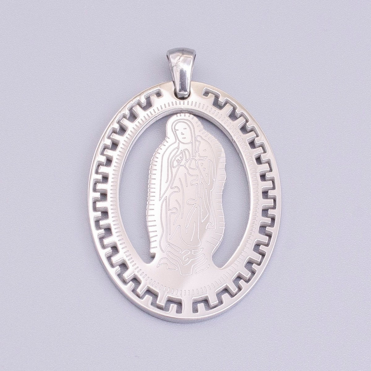 Stainless Steel Mother Mary Lady Guadalupe Engraved Open Gear Oval Pendant in Gold & Silver | P-1126
