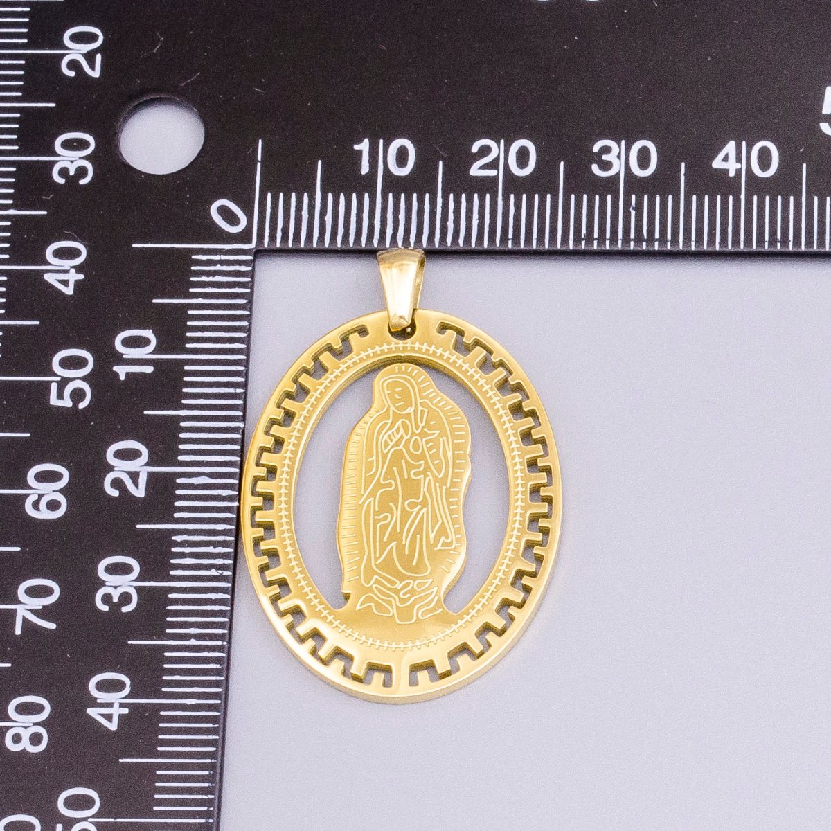 Stainless Steel Mother Mary Lady Guadalupe Engraved Open Gear Oval Pendant in Gold & Silver | P-1126