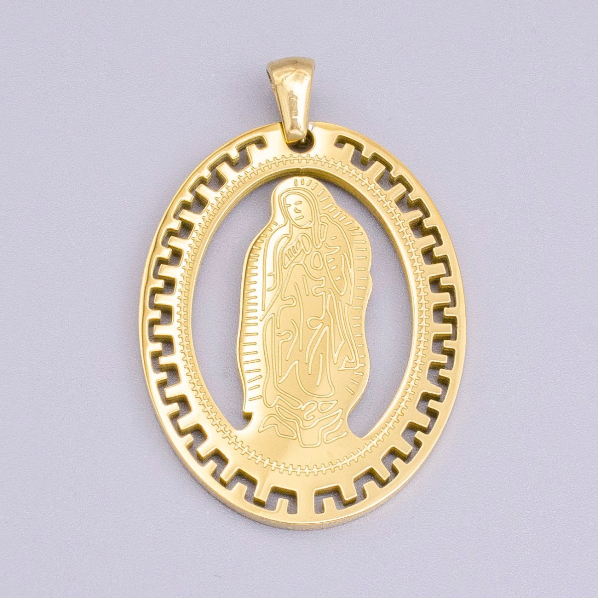 Stainless Steel Mother Mary Lady Guadalupe Engraved Open Gear Oval Pendant in Gold & Silver | P-1126