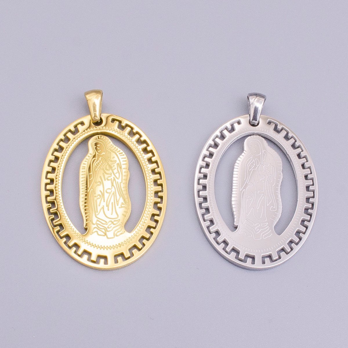 Stainless Steel Mother Mary Lady Guadalupe Engraved Open Gear Oval Pendant in Gold & Silver | P-1126