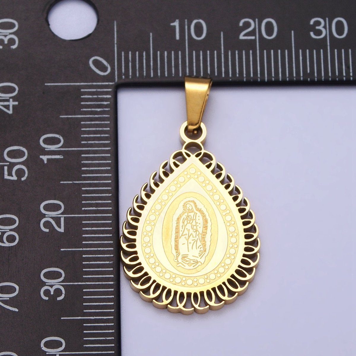 Stainless Steel Mother Mary Lady Guadalupe Engraved Teardrop Pendant in Gold & Silver J-640 J-641