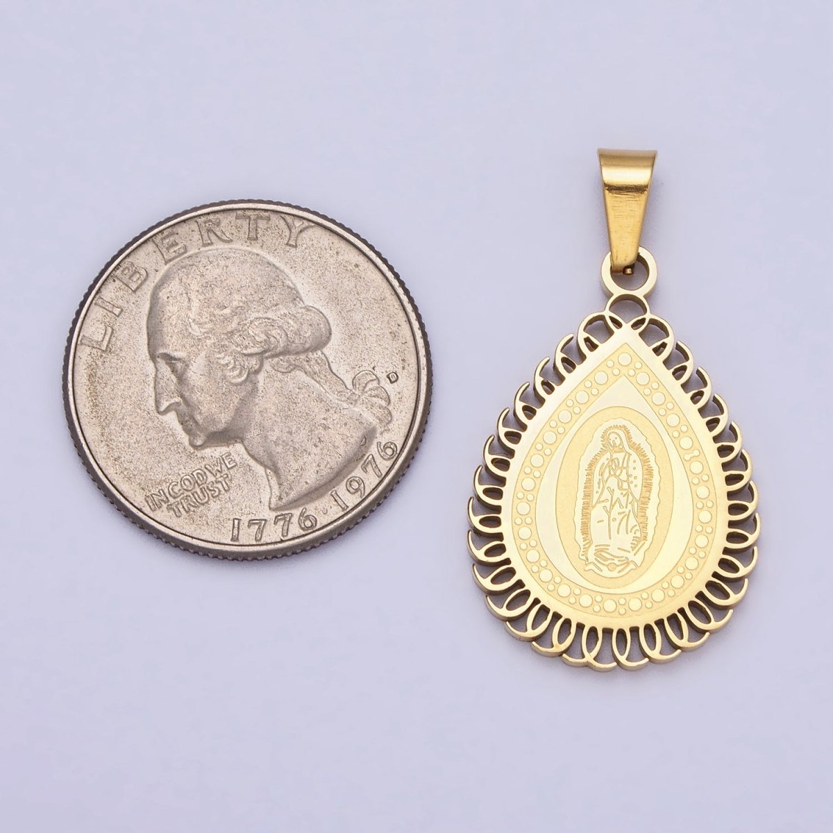 Stainless Steel Mother Mary Lady Guadalupe Engraved Teardrop Pendant in Gold & Silver J-640 J-641