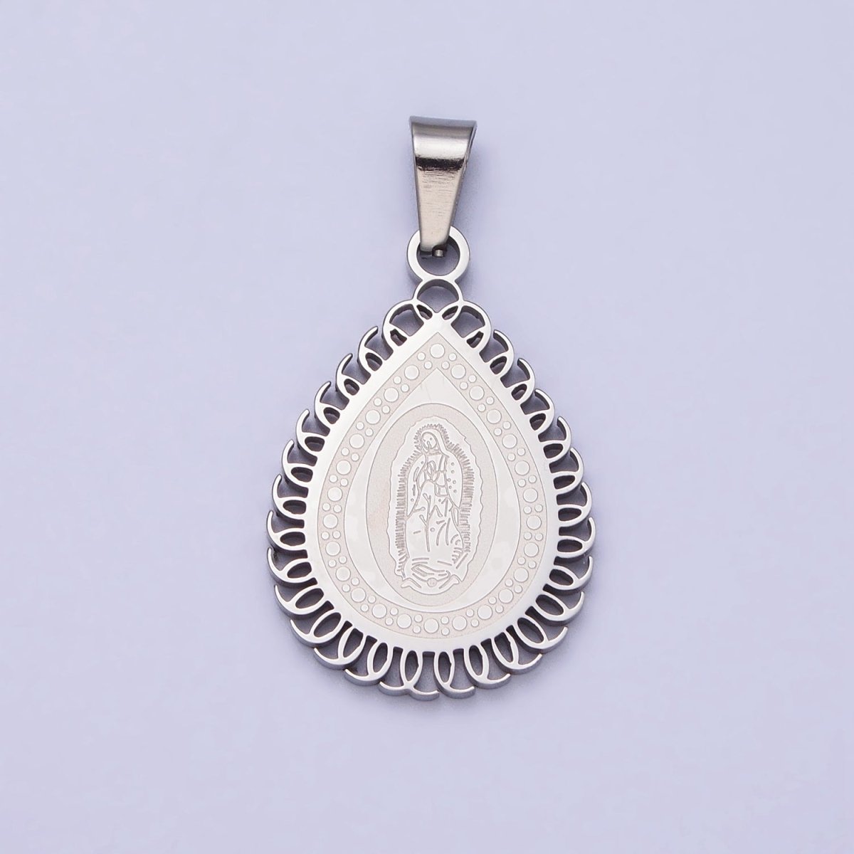 Stainless Steel Mother Mary Lady Guadalupe Engraved Teardrop Pendant in Gold & Silver J-640 J-641