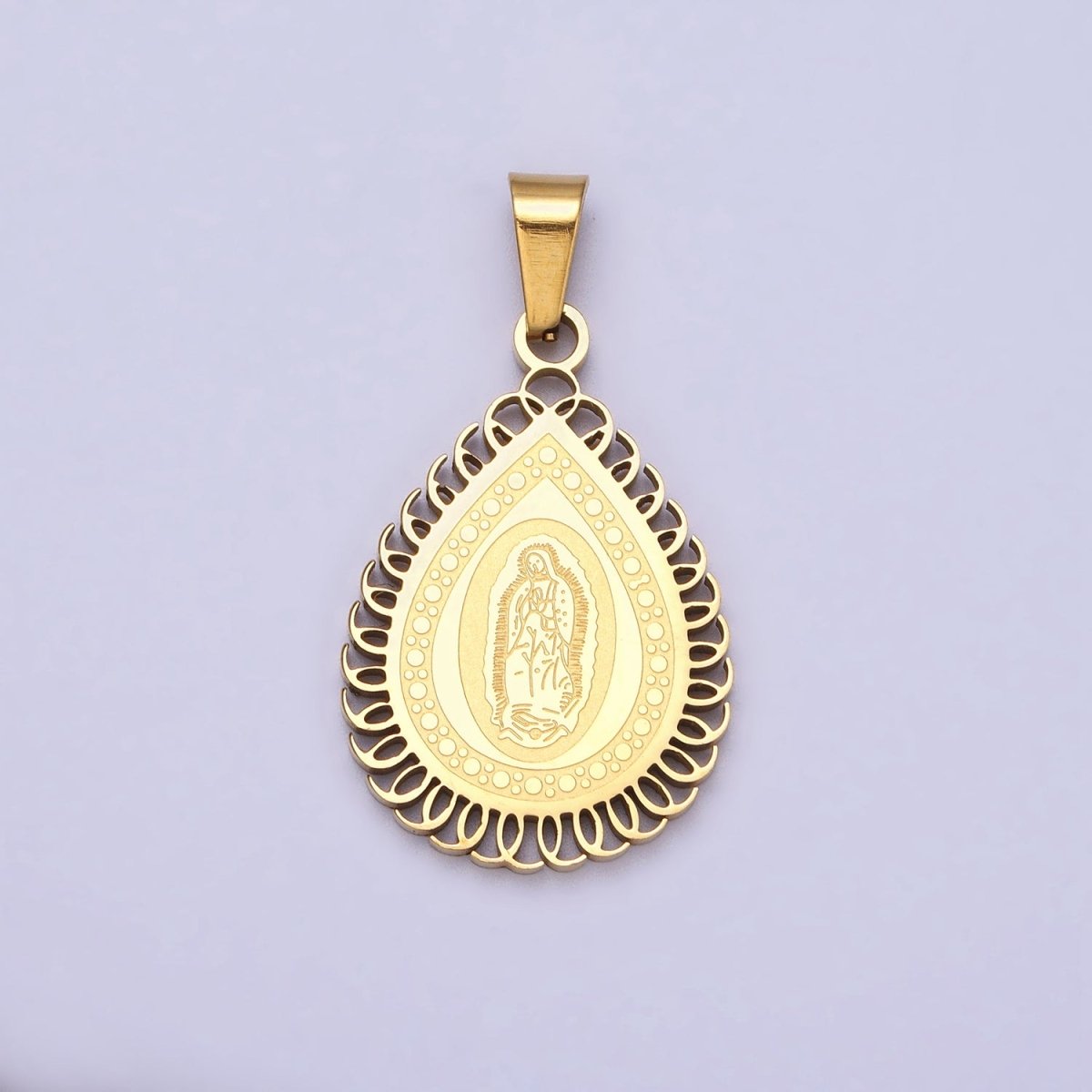 Stainless Steel Mother Mary Lady Guadalupe Engraved Teardrop Pendant in Gold & Silver J-640 J-641