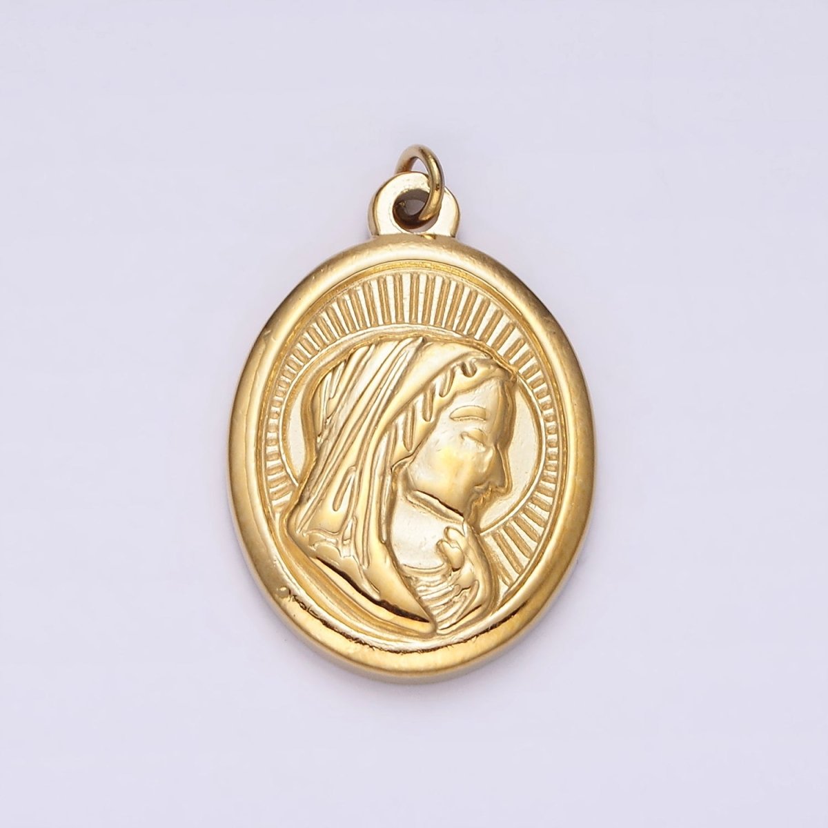 Stainless Steel Mother Mary Lady Guadalupe Portrait Sun Ray Oval Charm in Gold & Silver | P1291