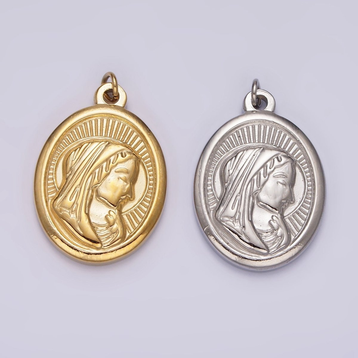 Stainless Steel Mother Mary Lady Guadalupe Portrait Sun Ray Oval Charm in Gold & Silver | P1291