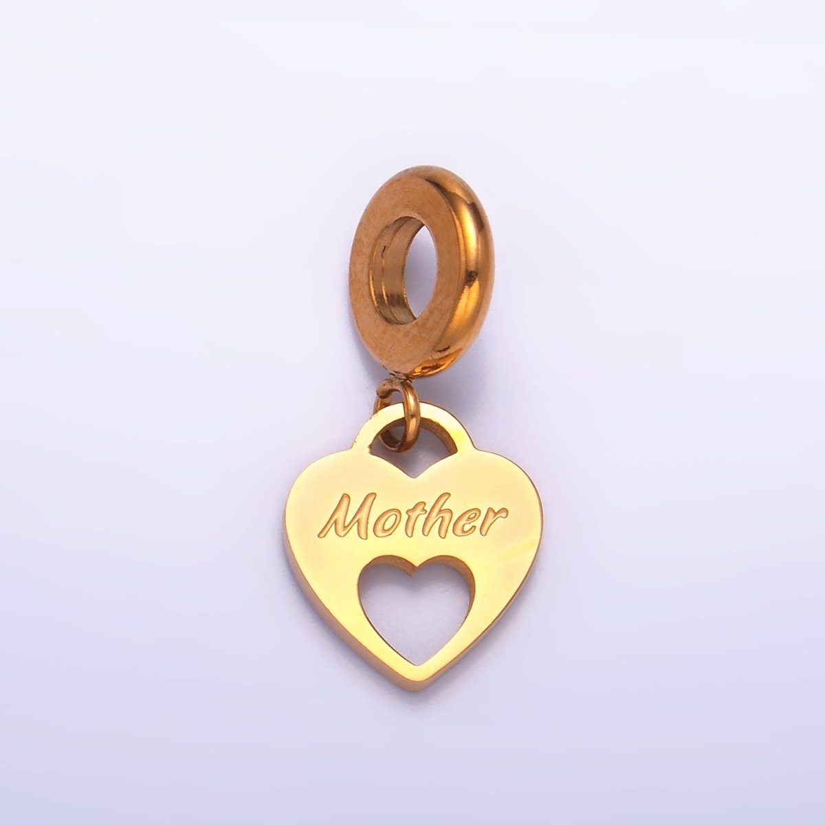 Stainless Steel "Mother" Script Open Heart Padlock Rhondelle Drop Pendant | P1436 - DLUXCA