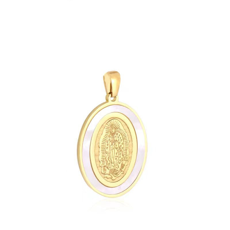 Stainless Steel Mother Virgin Mary Guadalupe Engraved Shell Pearl Oval Pendant in Gold & Silver J-745 J-748