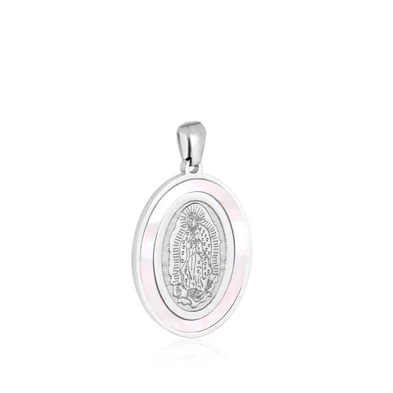 Stainless Steel Mother Virgin Mary Guadalupe Engraved Shell Pearl Oval Pendant in Gold & Silver J-745 J-748