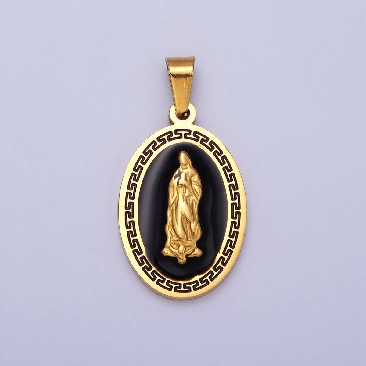 Stainless Steel Mother Virgin Mary Lady Guadalupe Black Enamel Oval Pendant in Gold & Silver J-619 J-625
