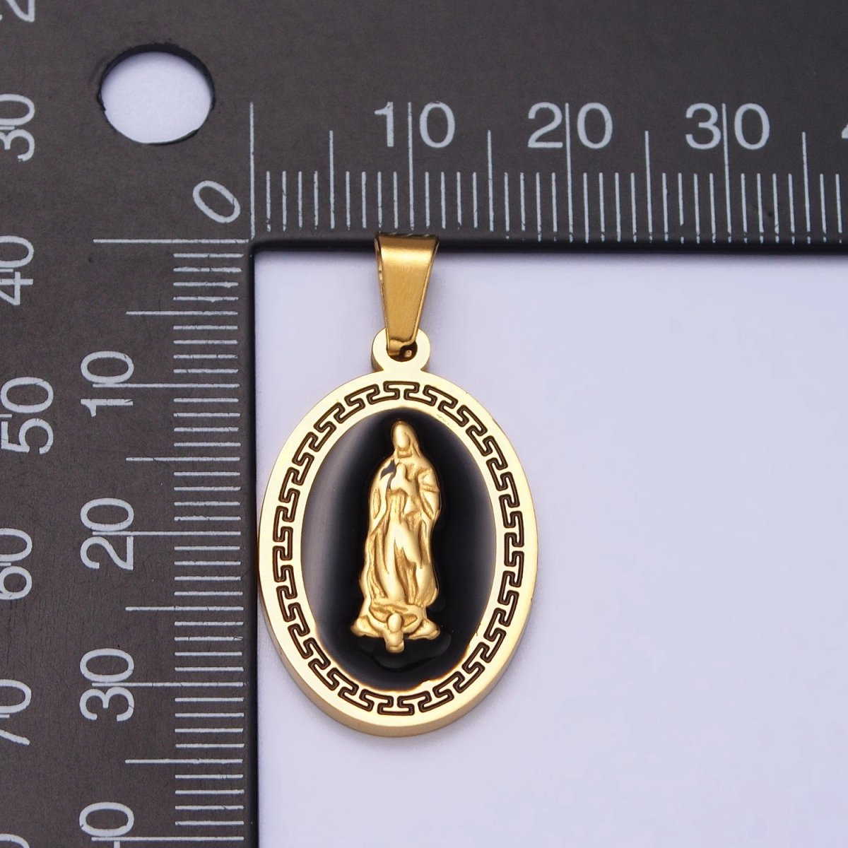 Stainless Steel Mother Virgin Mary Lady Guadalupe Black Enamel Oval Pendant in Gold & Silver J-619 J-625