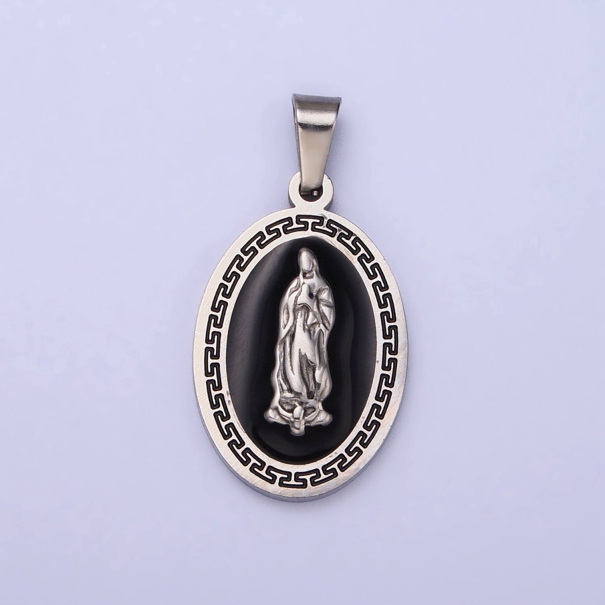 Stainless Steel Mother Virgin Mary Lady Guadalupe Black Enamel Oval Pendant in Gold & Silver J-619 J-625